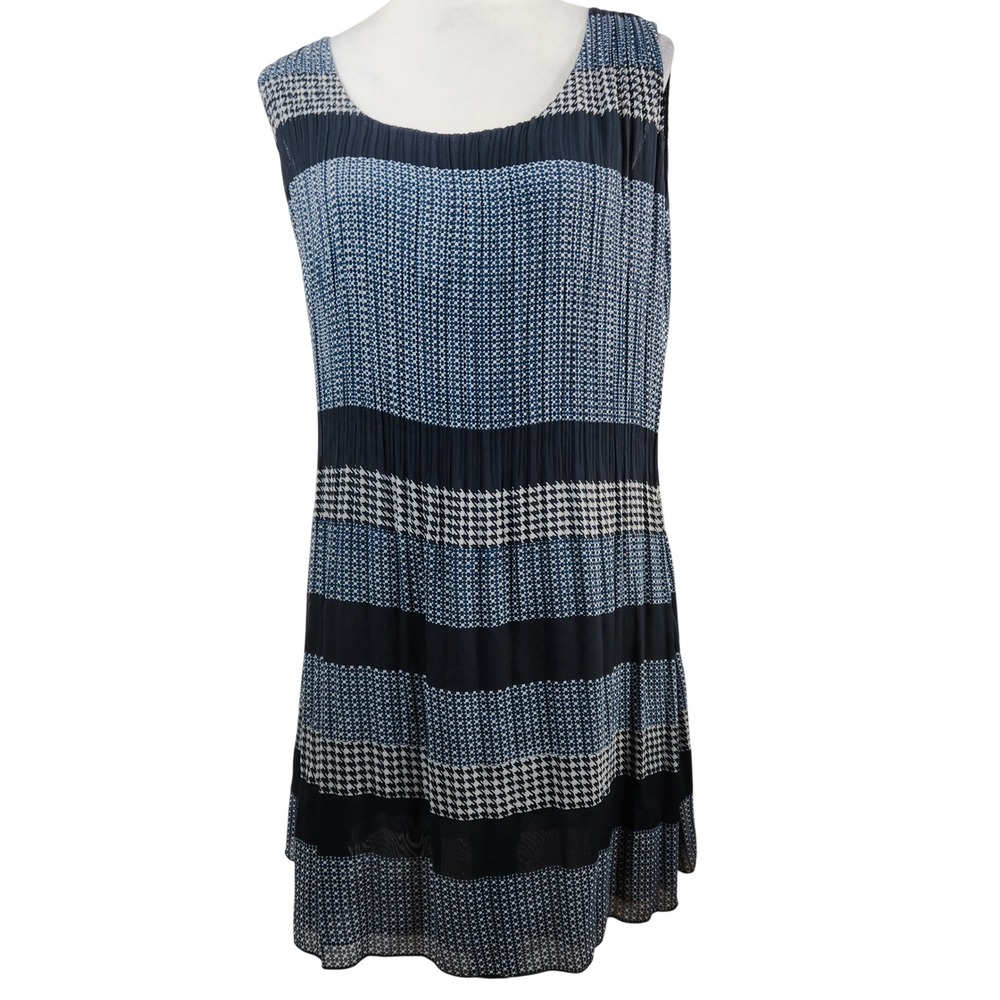 Adolfo Dominguez‎ Pleated Shift Dress Blue Sleeveless Geometric Houndstooth Sz 6